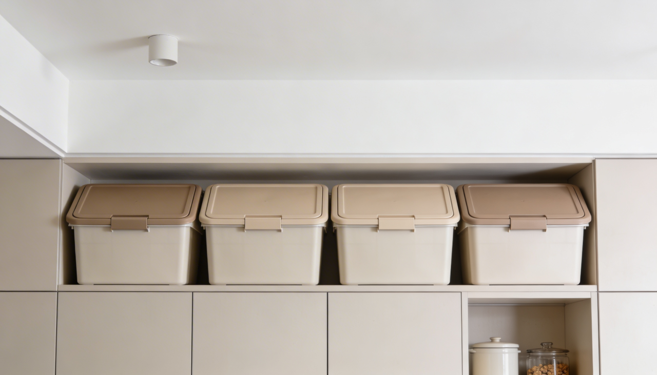 Uma das formas mais comuns de aproveitar o espaço acima dos armários é criar uma faixa decorativa contínua