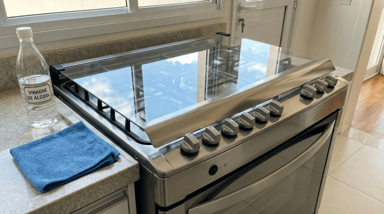 A composição química do vinagre de álcool atua diretamente na quebra das moléculas de lipídios que ficam grudadas na superfície metálica após as frituras intensas