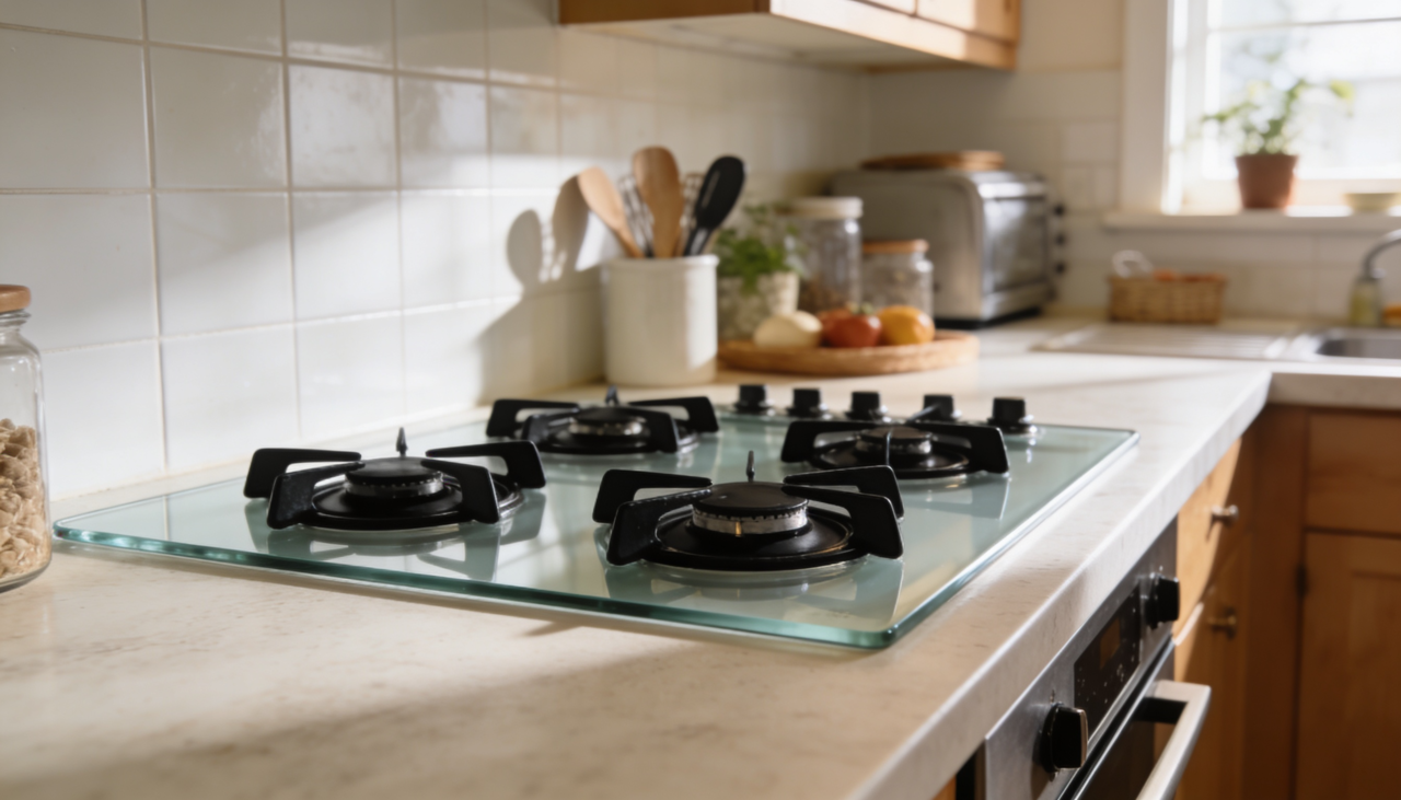 O fogão com mesa de vidro temperado chama atenção pelo acabamento liso e brilhante