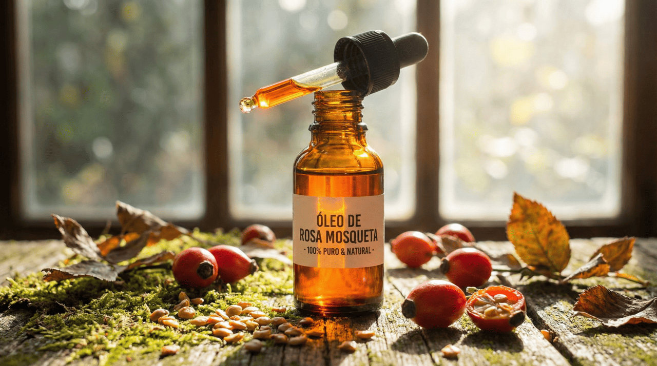O óleo de rosa mosqueta é um extrato vegetal obtido pela prensagem a frio das sementes de rosas nativas da região dos Andes