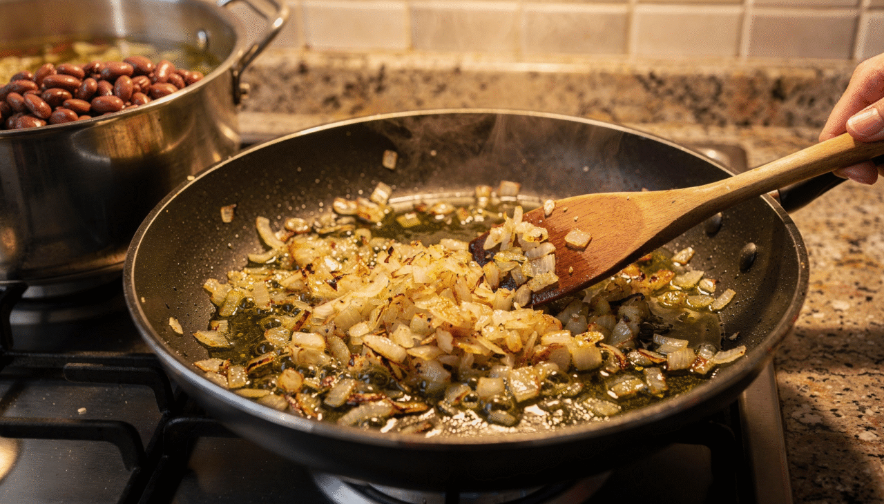 Começar o preparo pelos temperos e pela base do refogado é um passo fundamental para um feijão saboroso