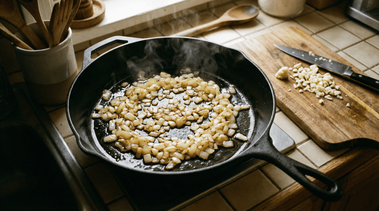 A cebola entra antes do alho, e essa sequência tem uma razão precisa