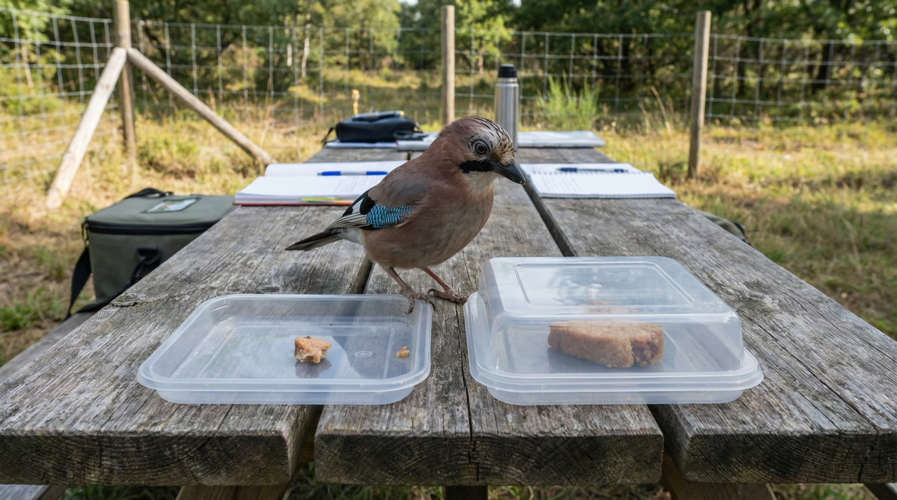 A metodologia aplicada envolveu o clássico teste do marshmallow adaptado para o contexto aviário