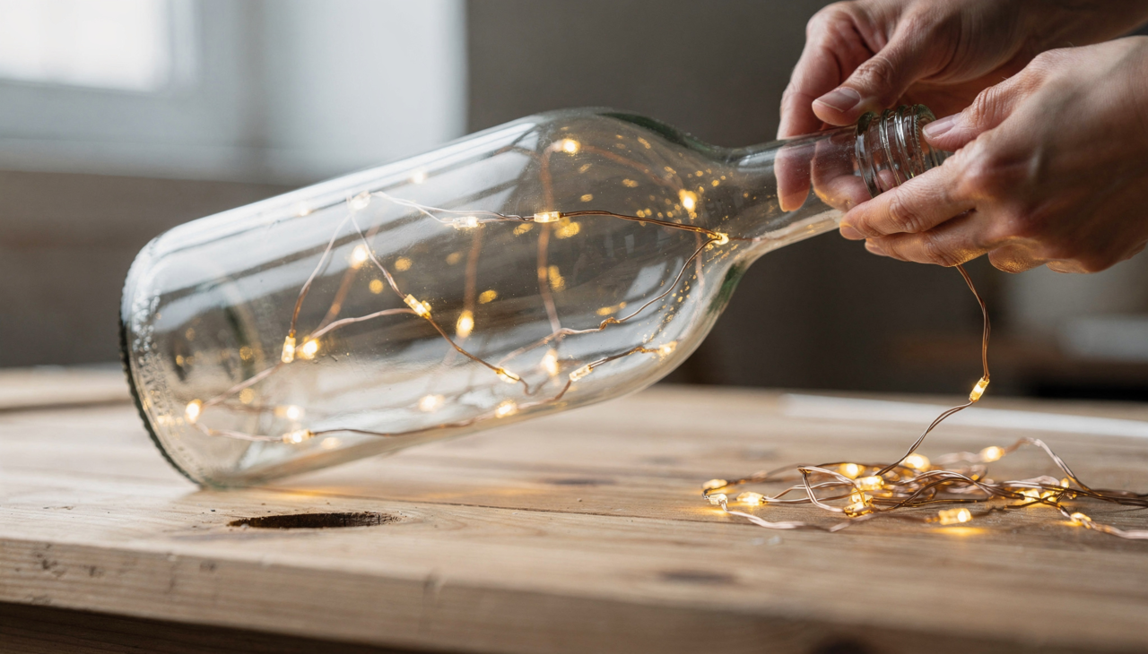 Garrafas de vidro reaproveitadas como luminárias decorativas.