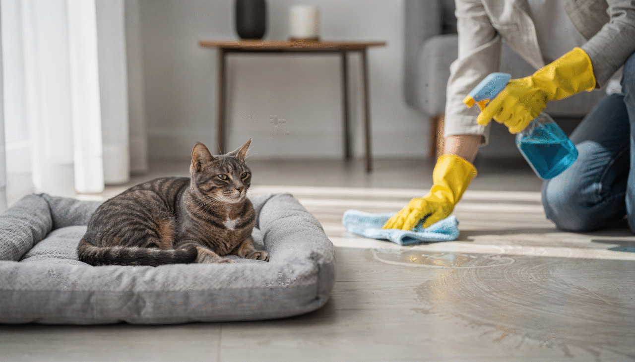 A combinação mais documentada e bem tolerada por cães é o spray de vinagre de maçã com água