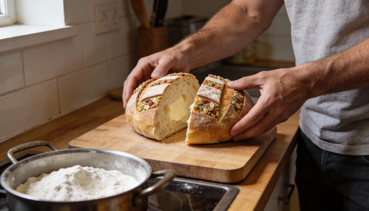 O processo começa com a mistura da farinha com o iogurte natural e uma pitada de fermento químico