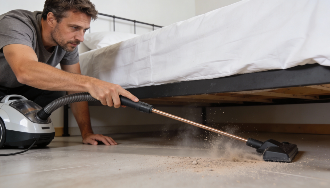Movimento de entrar e sair da cama agita ar empurrando poeira para baixo onde fica presa sem saíd