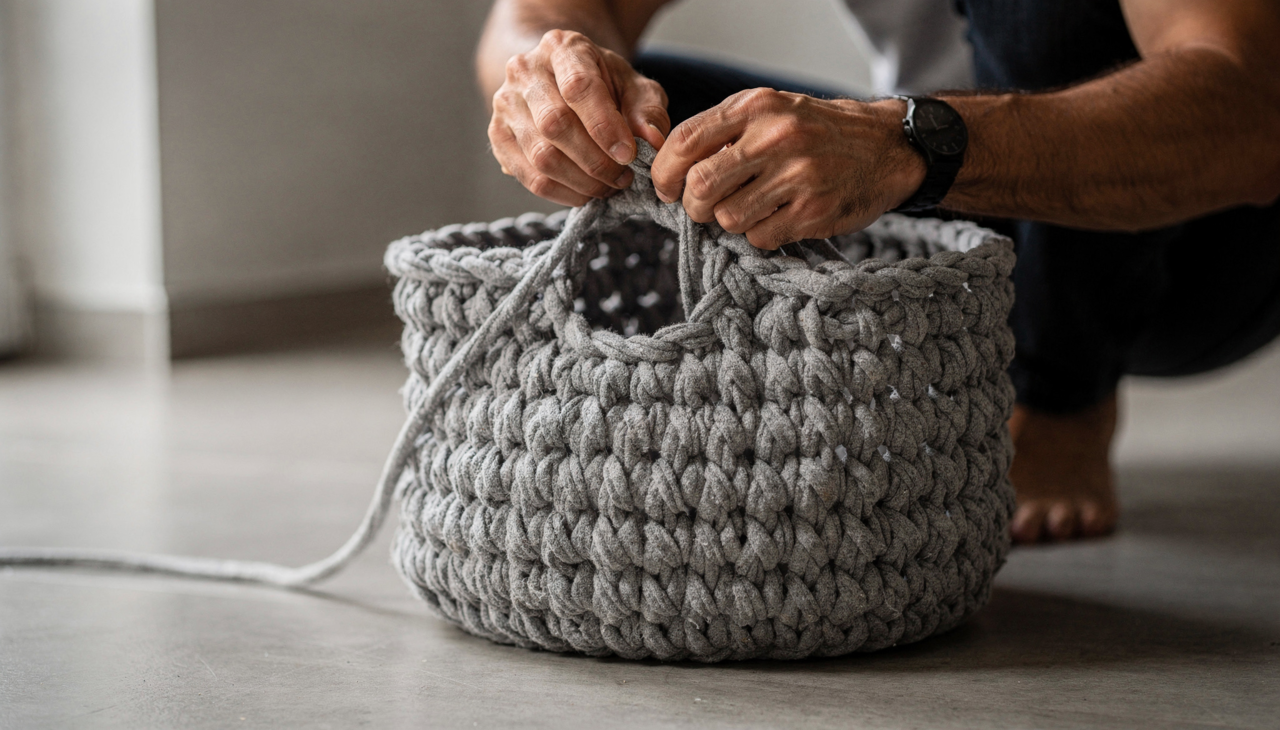 O processo envolve a criação de laçadas largas diretamente com os pulsos e mãos