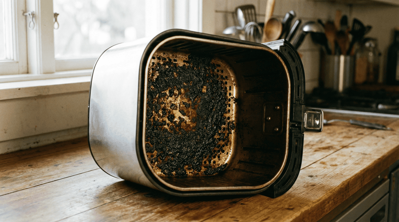 O fundo da air fryer recebe a maior parte dos respingos de gordura e pedaços de alimentos que escapam da cesta, funcionando como uma “zona de impacto” aquecida continuamente