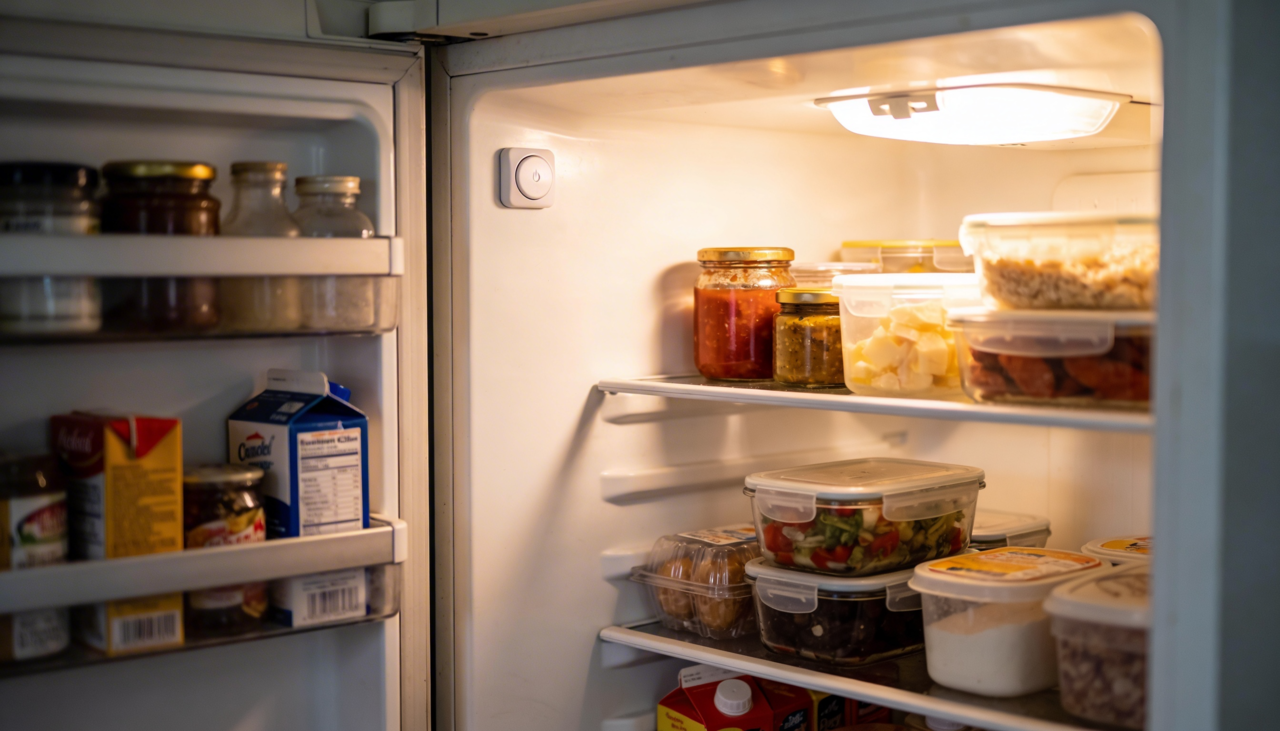 O pequeno botão próximo à lâmpada interna é, na maioria dos modelos, um interruptor de porta