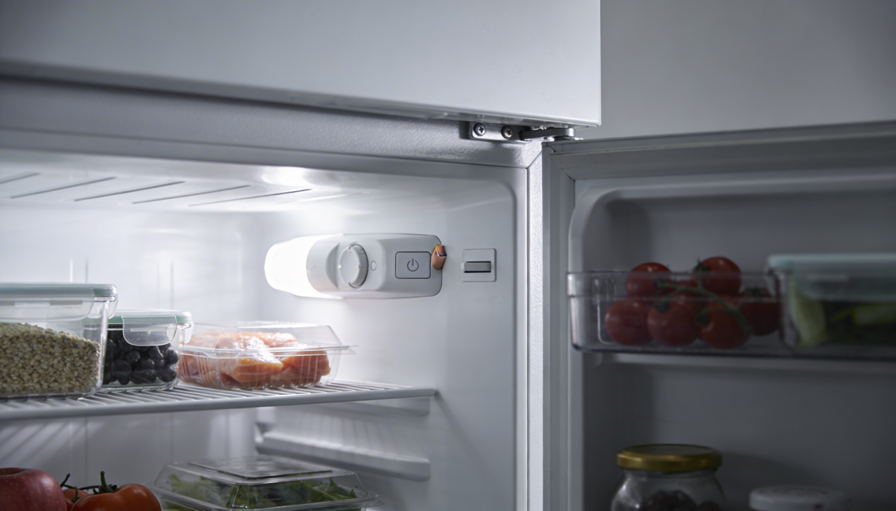 O pequeno botão próximo à lâmpada interna é, na maioria dos modelos, um interruptor de porta