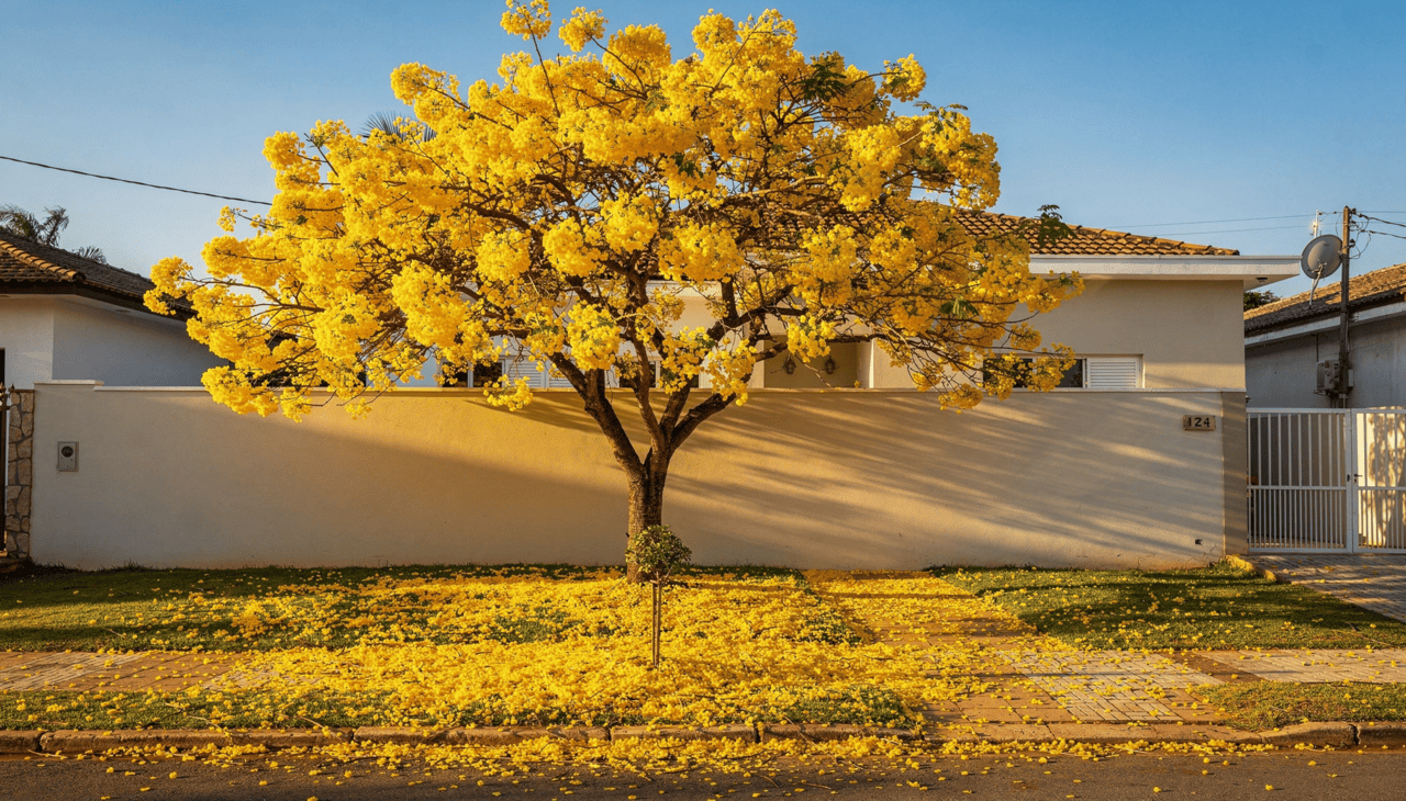 A presença de uma árvore que floresce intensamente cria um ponto focal magnífico