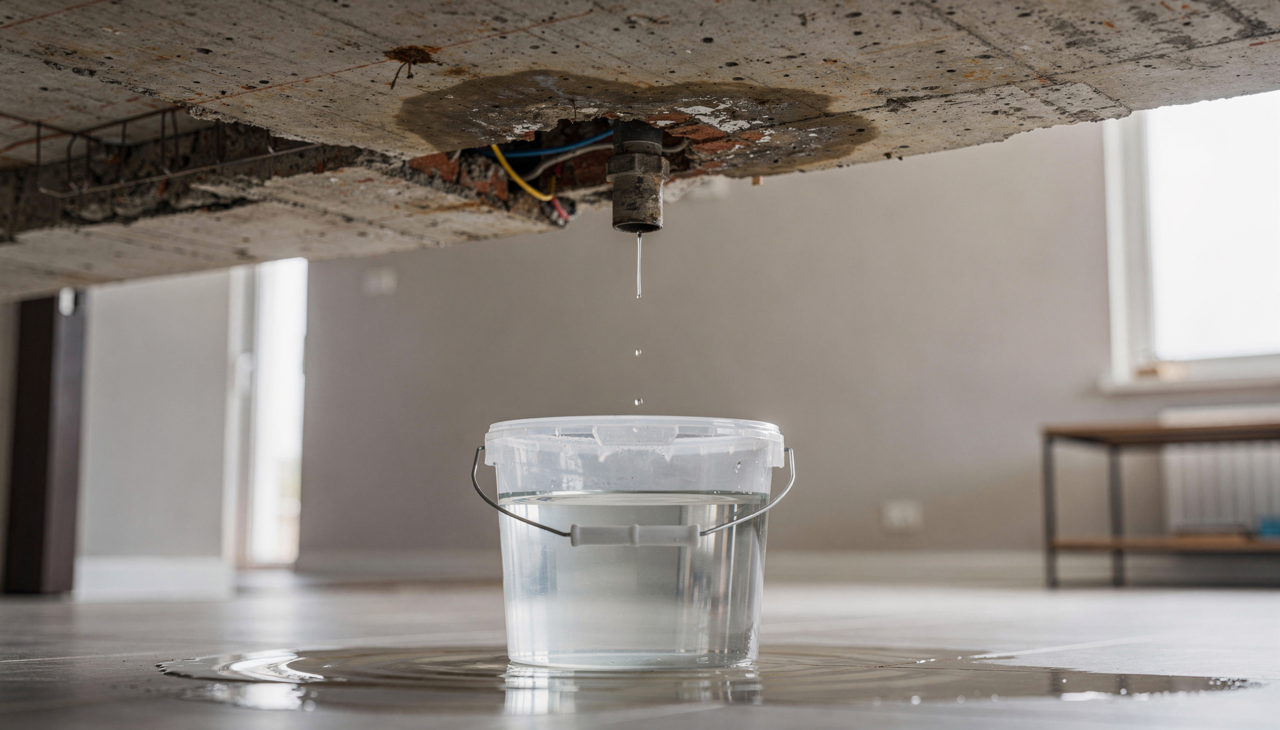 A mancha de umidade no teto geralmente indica que a água está encontrando algum caminho indevido