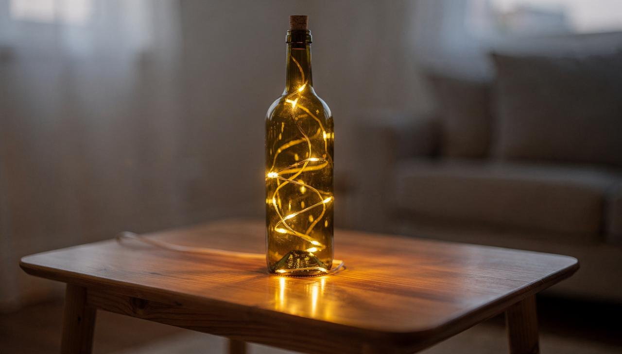 Garrafas de vidro reaproveitadas como luminárias decorativas.