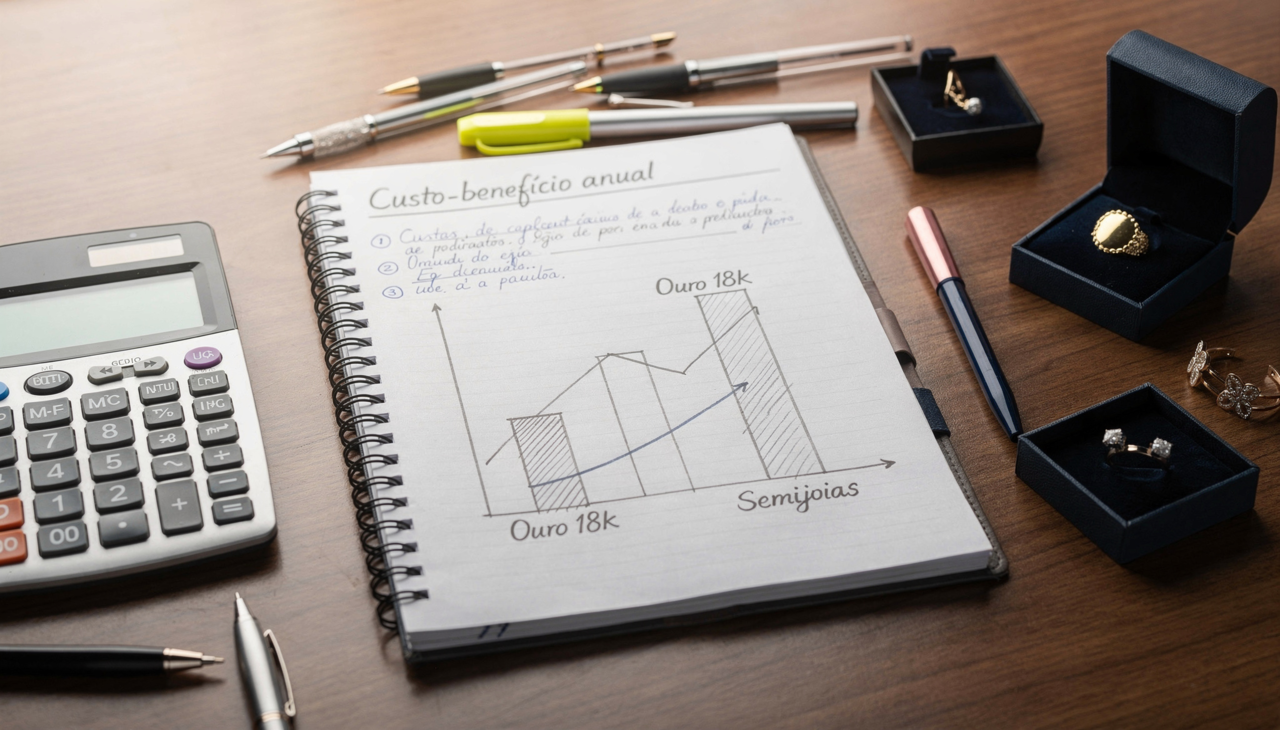 Semijoias são produzidas com metais de base, como latão ou prata, revestidos com camadas de ouro, ródio ou outros banhos metálicos