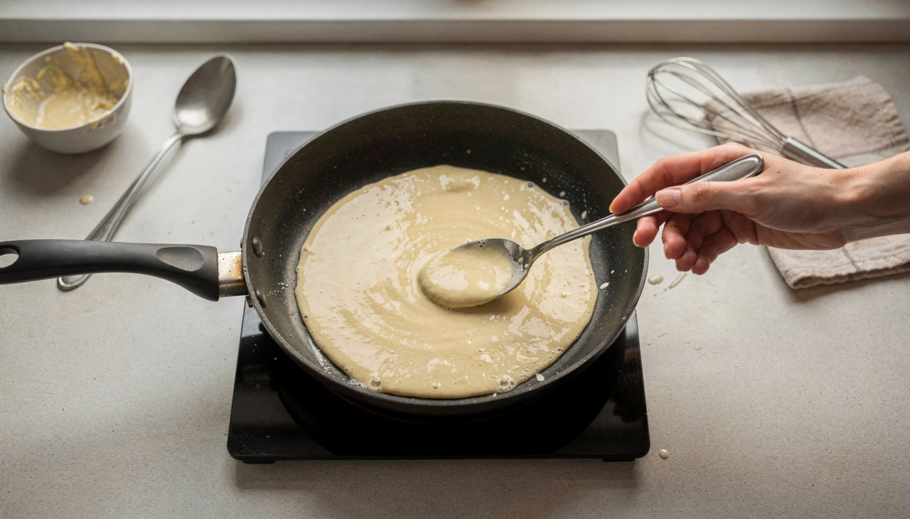 O cozinheiro começa misturando a goma de tapioca com um ovo inteiro e uma pitada de sal