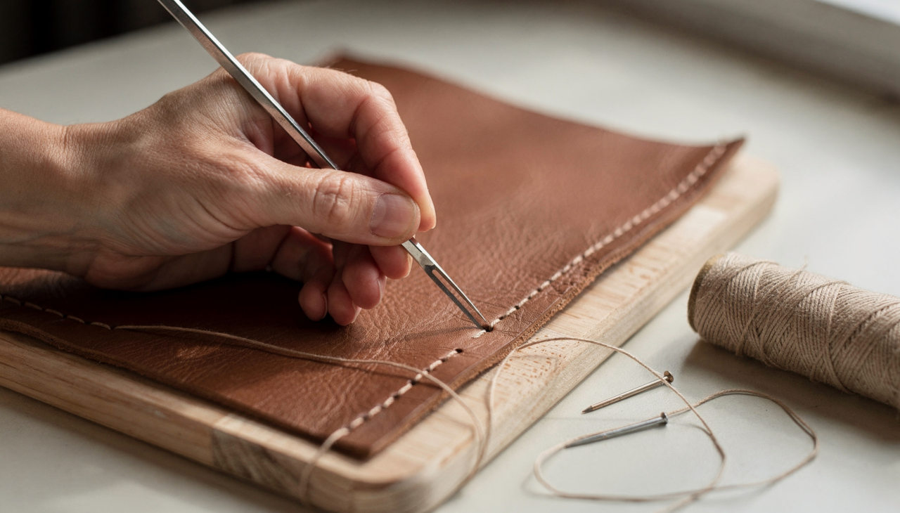 O artesão inicia o trabalho selecionando uma sovela afiada ou um prego para perfurar o couro sintético com total segurança