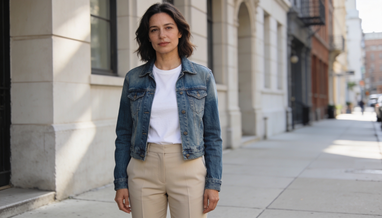 A versatilidade da jaqueta jeans também está ligada à sua facilidade de diálogo com peças básicas