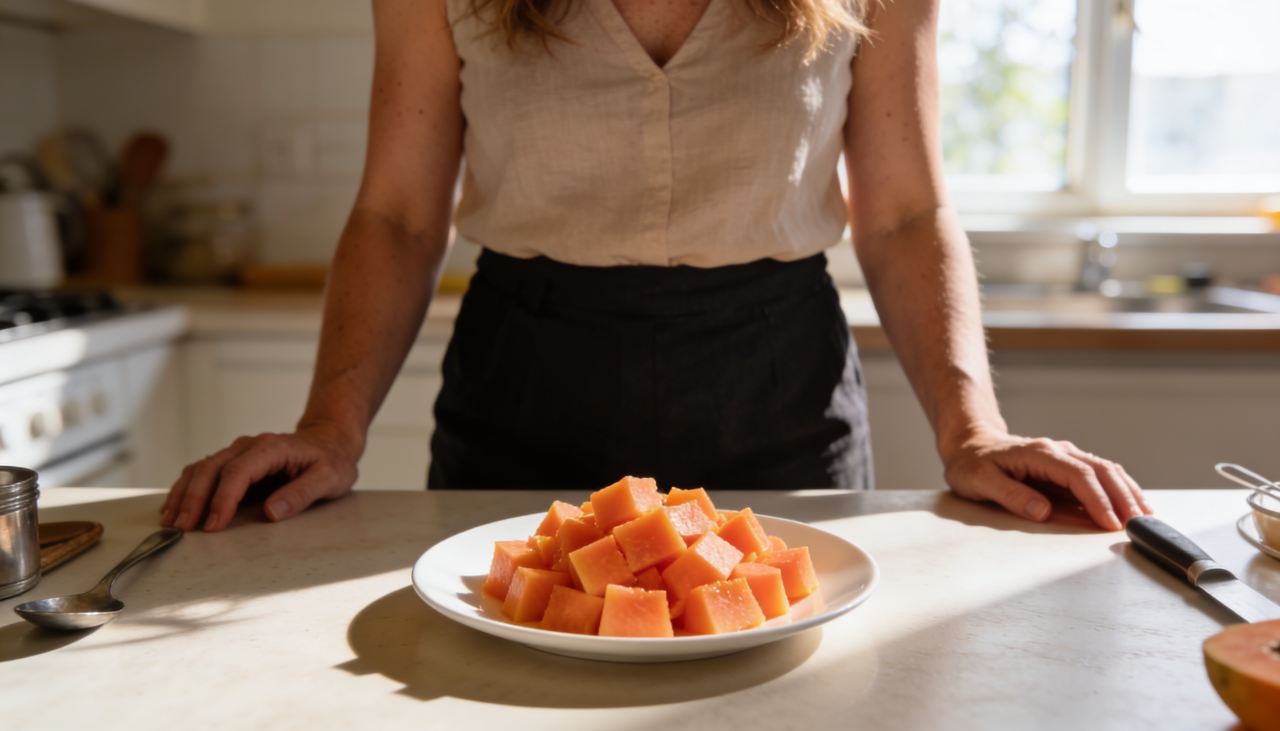 O mamão é rico em fibras e água, elementos essenciais para quem sofre com a constipação crônica