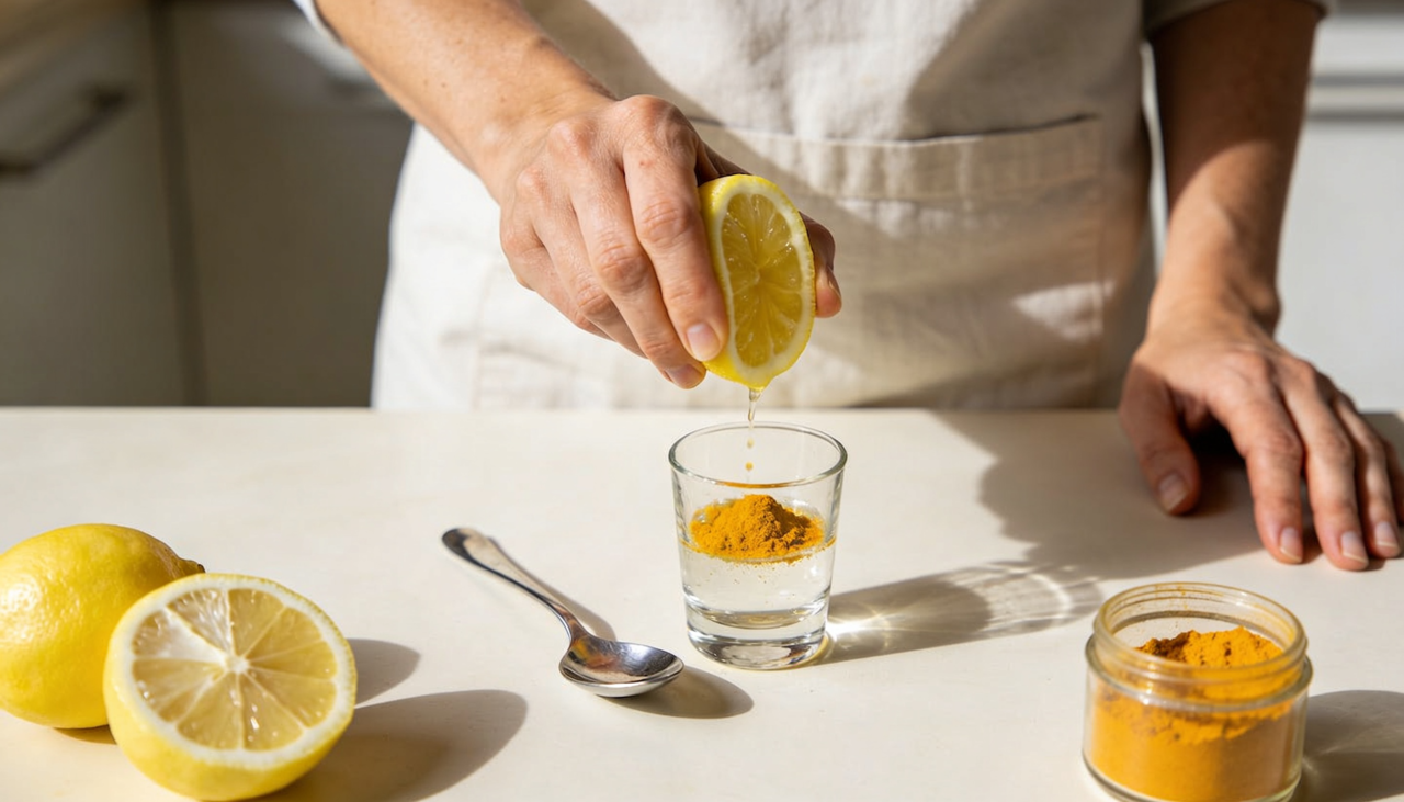 O shot matinal com cúrcuma e limão é uma pequena dose de bebida concentrada