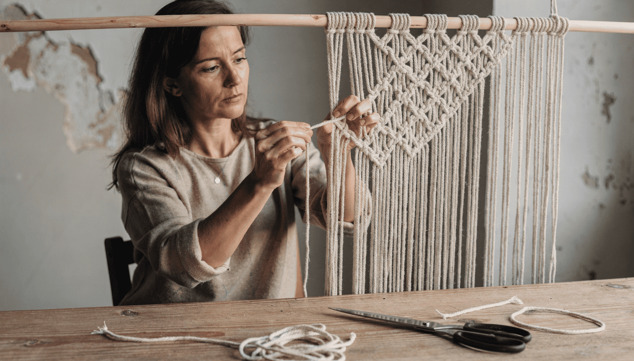 O uso de fibras naturais como o barbante de algodão oferece uma textura orgânica que atrai o olhar
