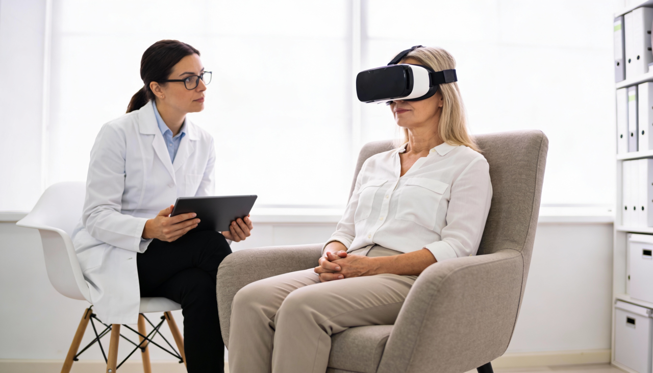 O terapeuta utiliza um headset especializado para criar cenários que geram gatilhos no paciente de modo gradual