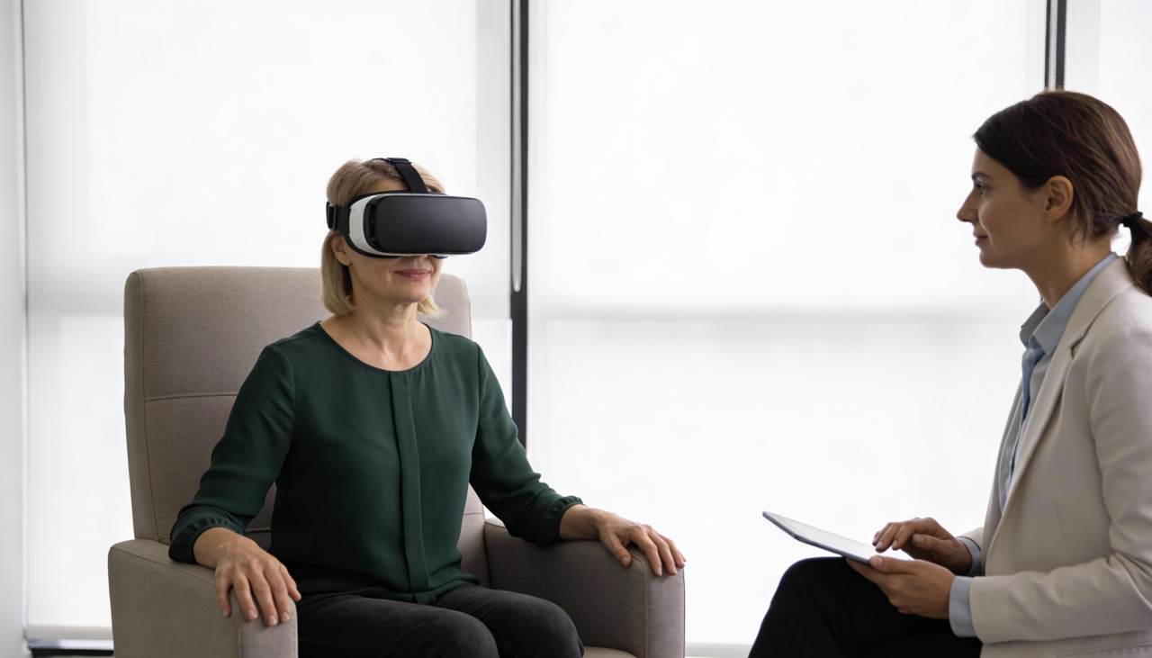 O terapeuta utiliza um headset especializado para criar cenários que geram gatilhos no paciente de modo gradual