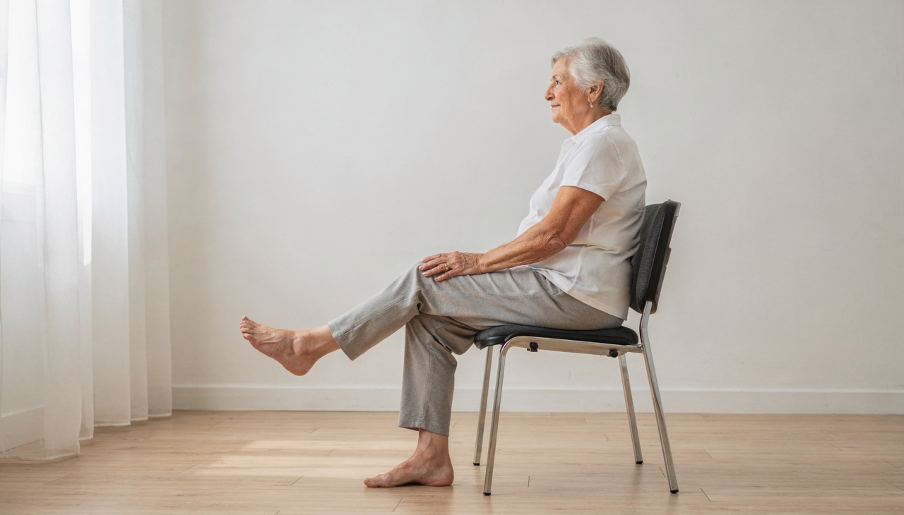 Um dos movimentos mais simples e eficazes é a elevação alternada dos pés enquanto está sentado