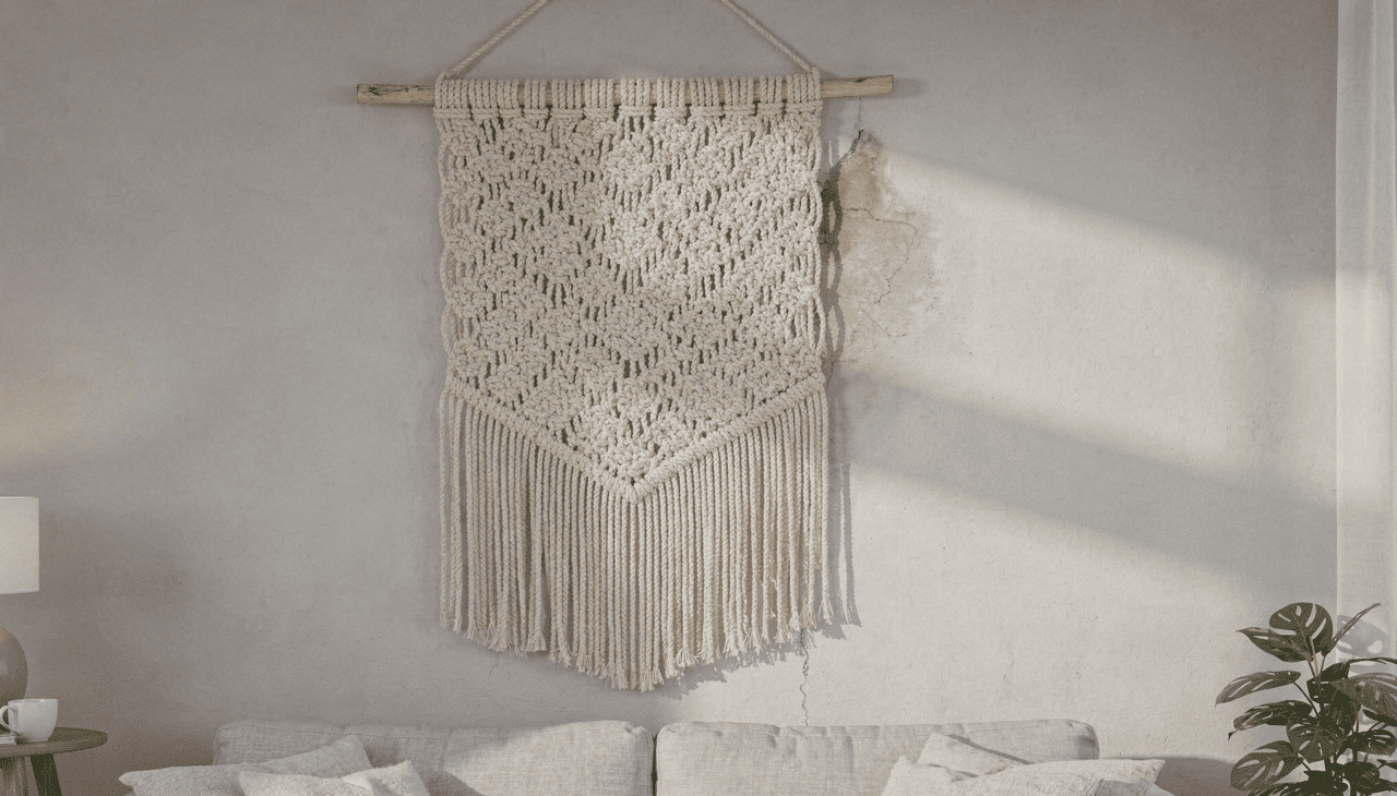 O uso de fibras naturais como o barbante de algodão oferece uma textura orgânica que atrai o olhar