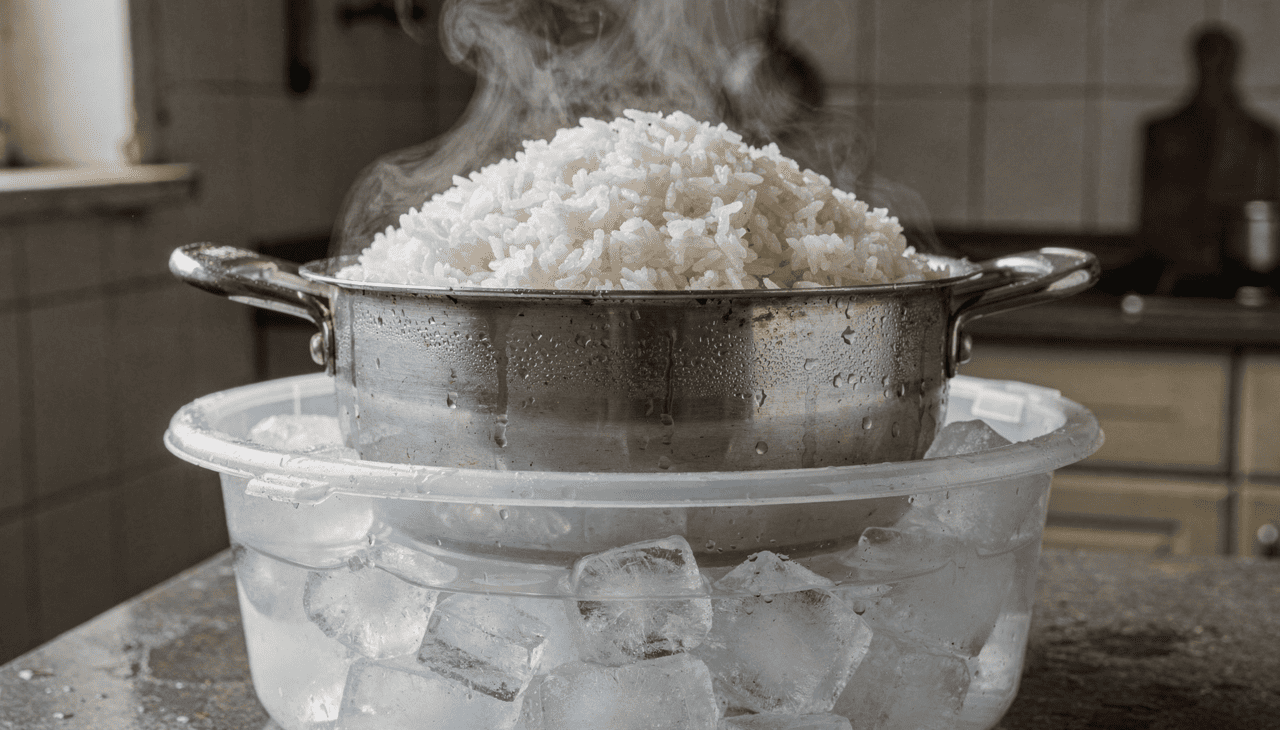 Esse choque térmico reduz o calor residual e interrompe o cozimento, evitando que os grãos