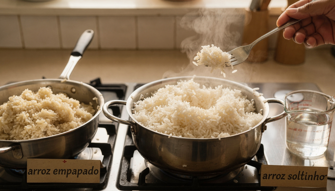 Arroz empapado indica excesso de água ou cozimento prolongado.