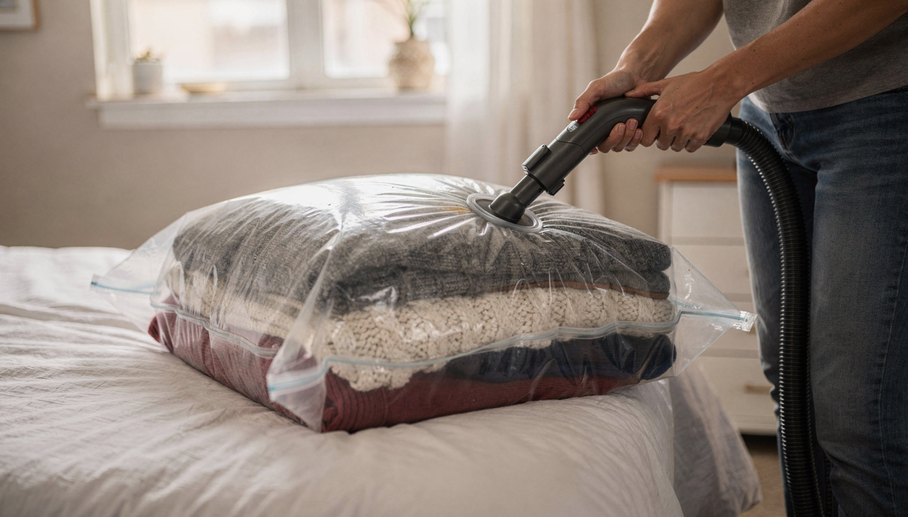 Sacos a vácuo reduzem o volume ao retirar o ar dos tecidos.