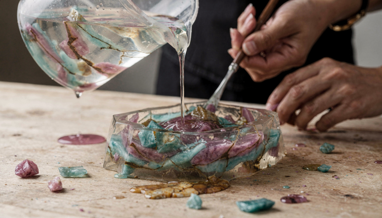 Efeito visual que imita quartzo e ametista no sabonete.