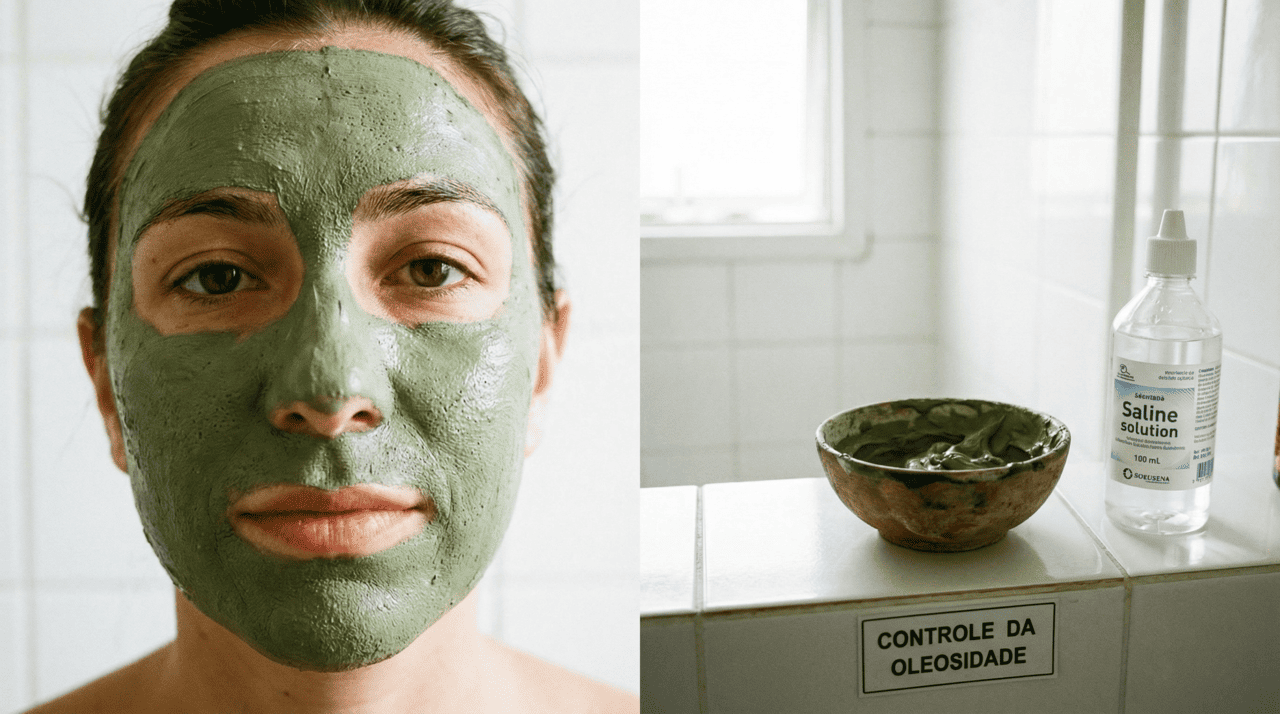A máscara de argila verde com soro fisiológico auxilia principalmente no controle da oleosidade superficial e na aparência de poros dilatados