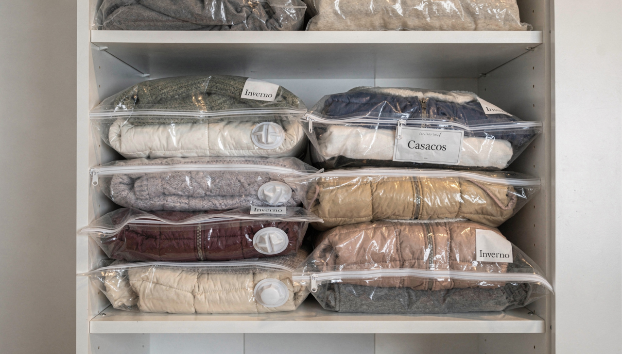 Sacos a vácuo reduzem o volume ao retirar o ar dos tecidos.