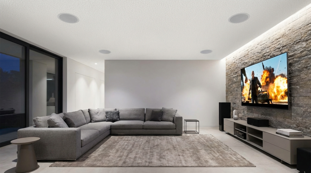 O valor de um sistema de som no teto da sala depende de uma combinação de características do ambiente