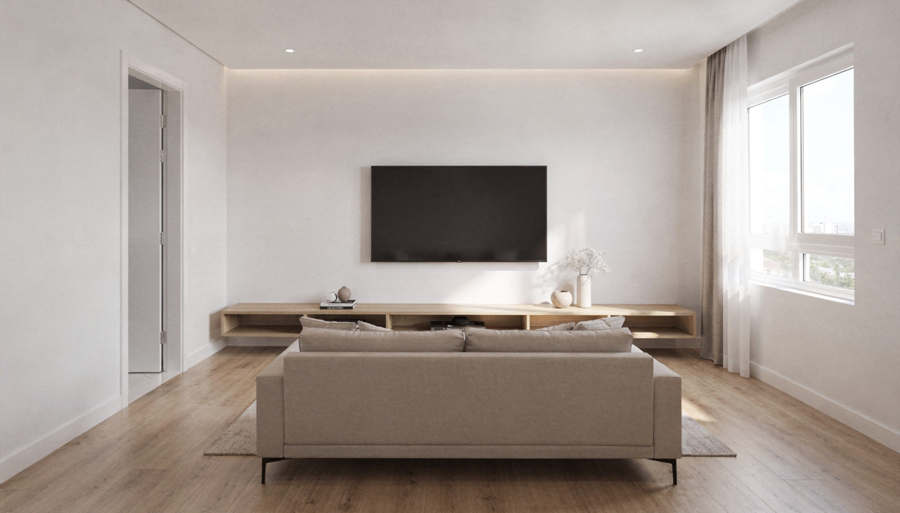 O painel de TV funciona como um fundo decorativo