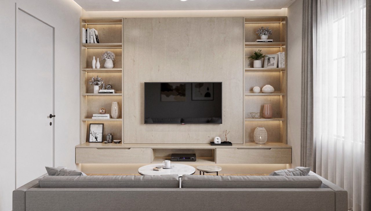 O painel de TV funciona como um fundo decorativo