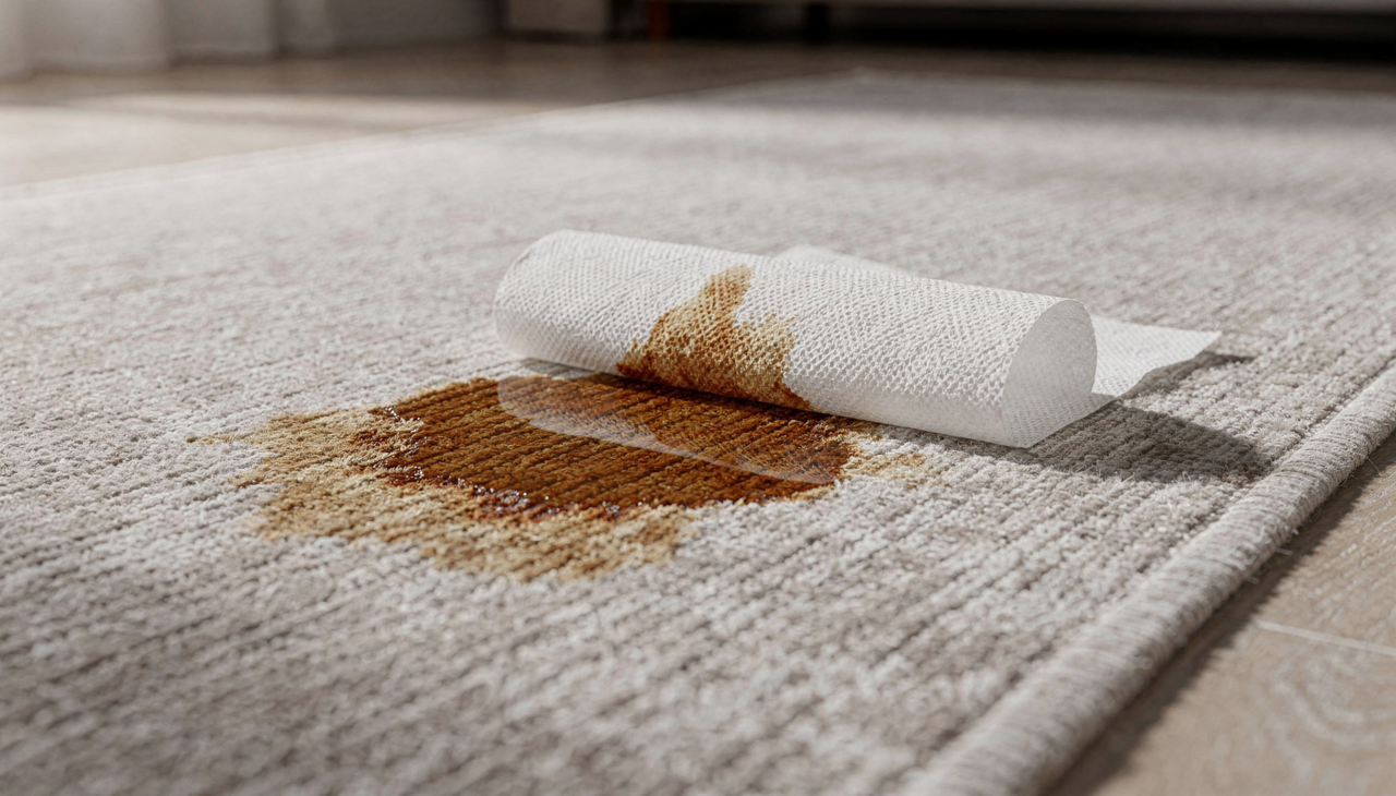 O processo começa com a absorção do excesso de líquido usando um papel toalha seco imediatamente sobre a superfície afetada