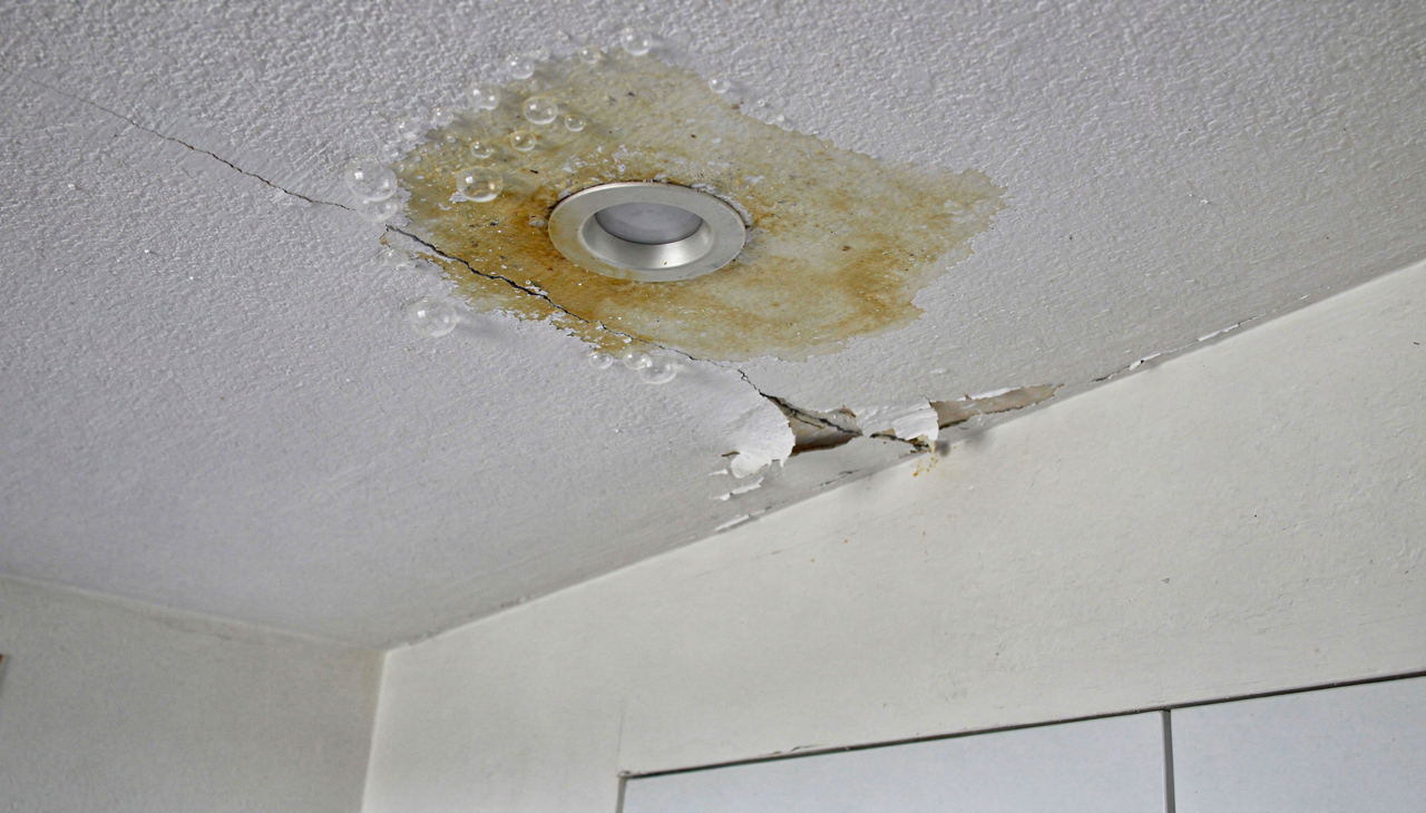 A mancha de umidade no teto geralmente indica que a água está encontrando algum caminho indevido