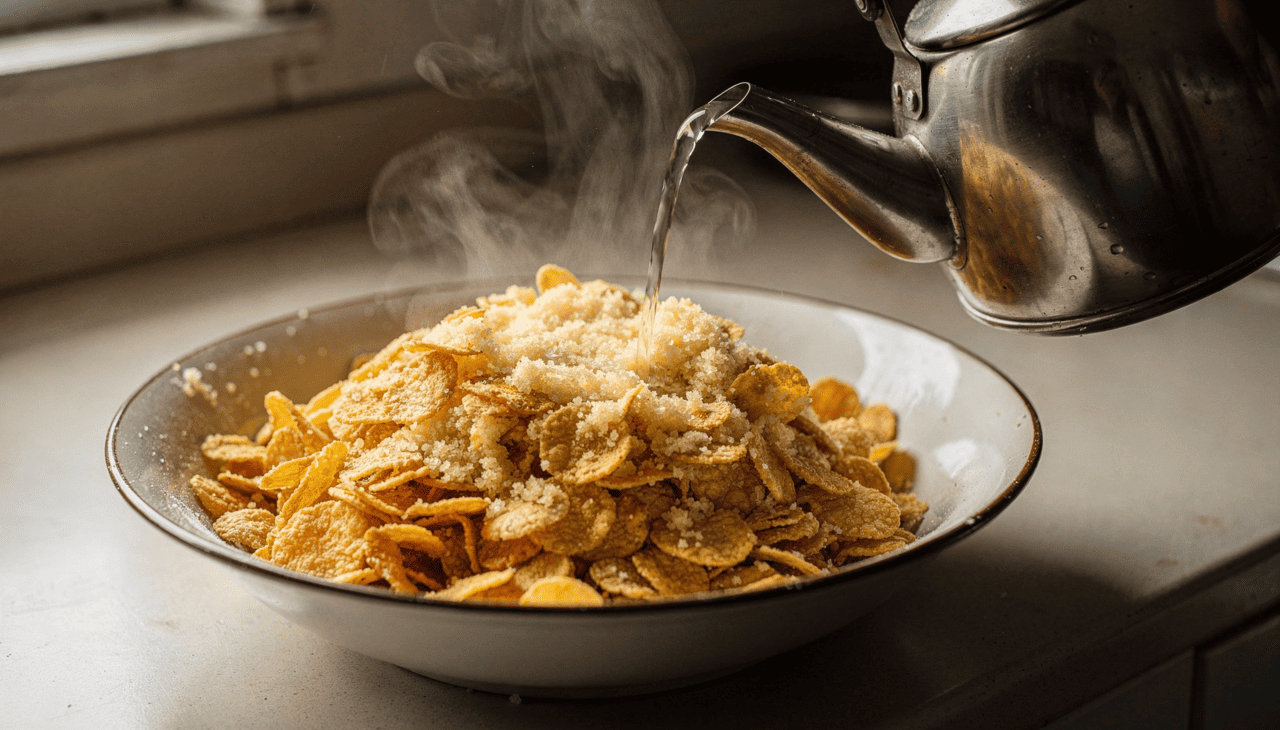 A água quente facilita a absorção mais rápida e uniforme pelos flocos de milho