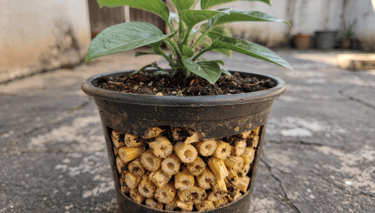 Uma das formas práticas de aproveitar o miolo da espiga de milho no jardim é colocar pequenos pedaços no fundo dos vasos antes de adicionar a terra