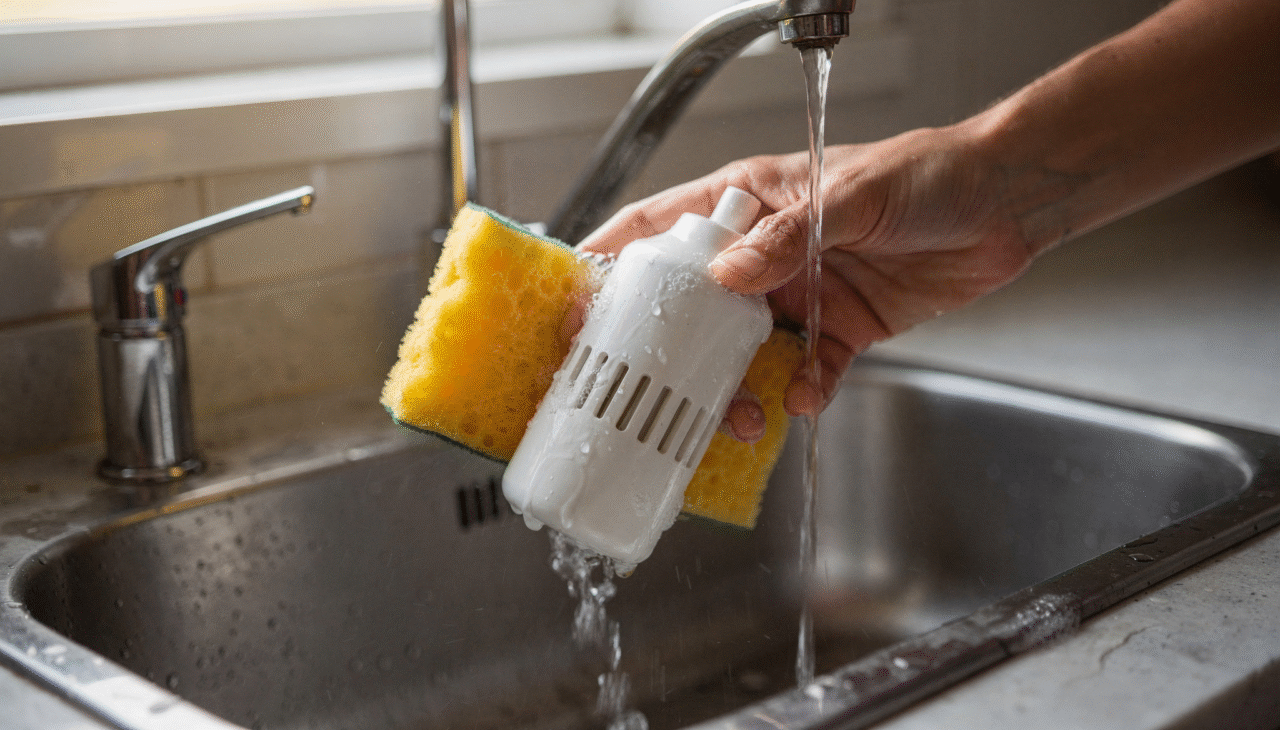 A limpeza completa do filtro, incluindo as partes interna e externa, deve ser feita pelo menos uma vez por mês