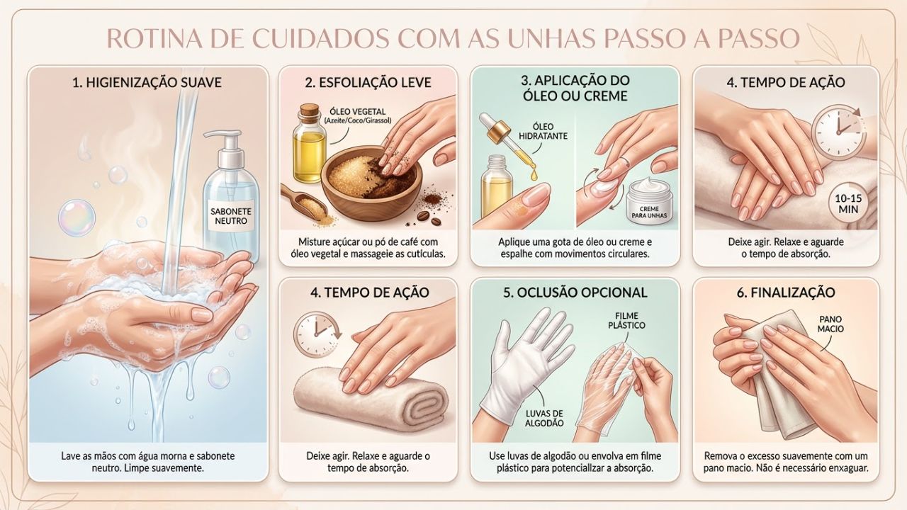 Hidrate as cutículas com regularidade e segurança, sempre testando a sensibilidade.