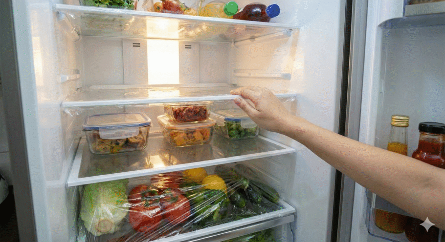 Como o filme plástico impede que líquidos e alimentos entrem em contato direto com a prateleira