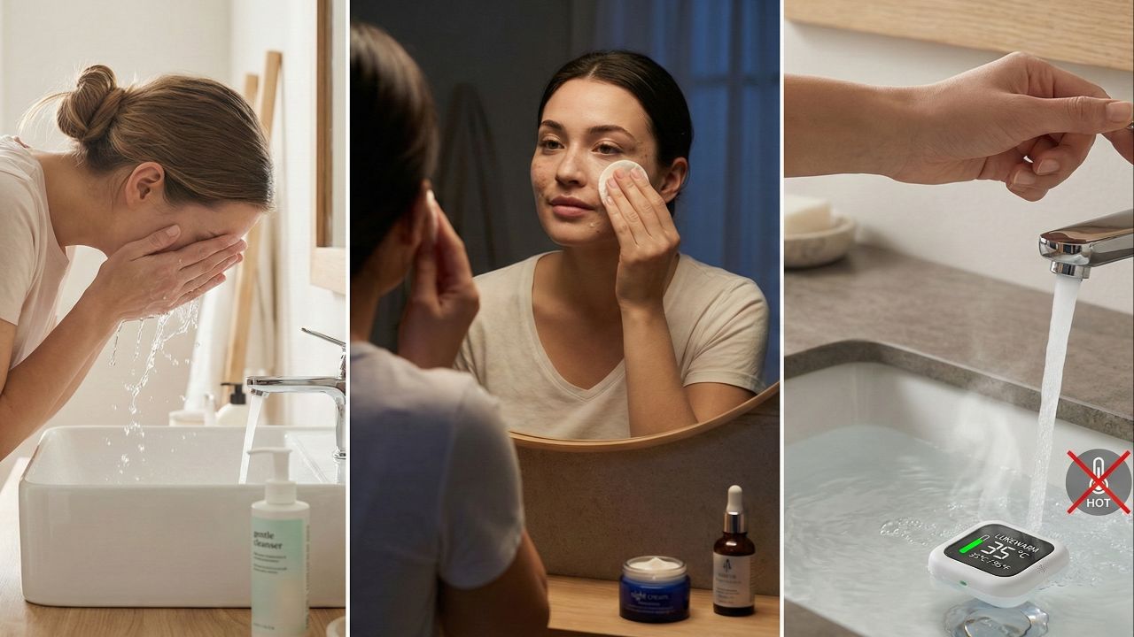 Lave o rosto duas vezes ao dia com água morna para proteger a pele.