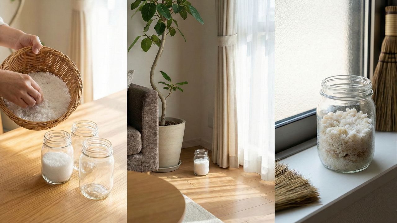 O sal grosso atua como símbolo de purificação e limpeza energética do lar.