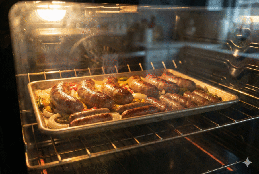 Enquanto a frigideira tende a deixar as salsichas irregulares e gordurosas, o forno garante cozimento uniforme