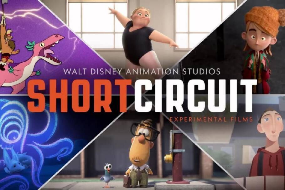 Pôster promocional da série de curtas "Short Circuit" da Walt Disney Animation Studios. A imagem é composta por uma colagem em formato de "X" que divide seis diferentes estilos de animação, incluindo desenhos 2D coloridos, animações 3D estilizadas e personagens cartunescos. No centro, o título "SHORT CIRCUIT" aparece em letras grandes e laranjas, acompanhado pelo texto "Experimental Films".