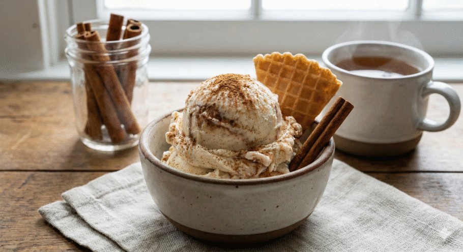 A presença do requeijão na base traz um leve toque lácteo e contribui para uma textura mais encorpada do sorvete de canela